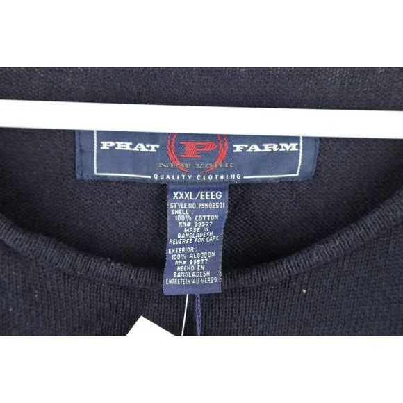 NOS Vintage Phat Farm Mens 3XL Striped Spell Out Script Marled Knit Sweater Navy